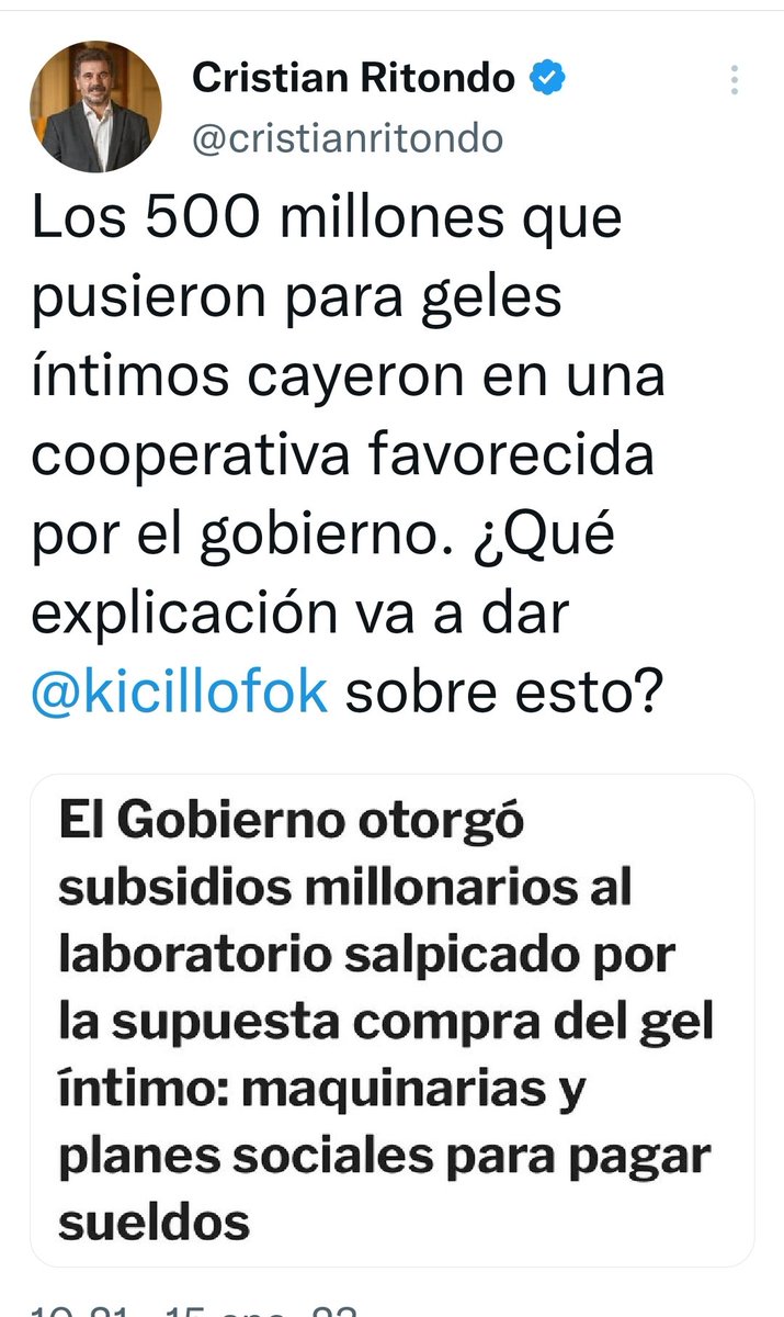 Este patotero de cuarta no puede parar de mentir. Él  sabe que aún ni siquiera se compraron los geles, ni se abrió la licitación, pero como la prensa mafiosa lo repite, mucha gente cree la noticia falsa. Además de mitómano, cínico, porque votó leyes que garantizan esos insumos