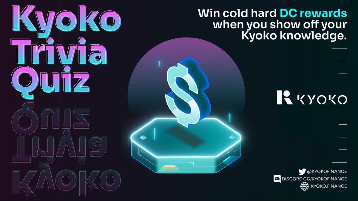 KyokoFinance's tweet photo. Happy Monday, Kyokoans! 😜

Remember, there will be 3️⃣ quizzes each week in our Discord 👾

🧠 Study up and get yourself ready!

👾 Discord: https://t.co/WxnAhMmOY8  
🌐 Website: https://t.co/aYVxRU5EKC
📖 Medium: https://t.co/hIuG75zJbO

See ya! 👀

#quiz #web3 #DeFi https://t.co/2tRDrdaRf6