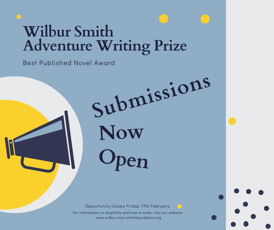 The #WilburSmith #AdventurePrize, #BestPublishedNovel Award is now OPEN! Celebrating the very best #adventurewriting of the last year, we can't wait to start receiving submissions. Who would you like to see win the prize this year? #adventureprize #literaryprize