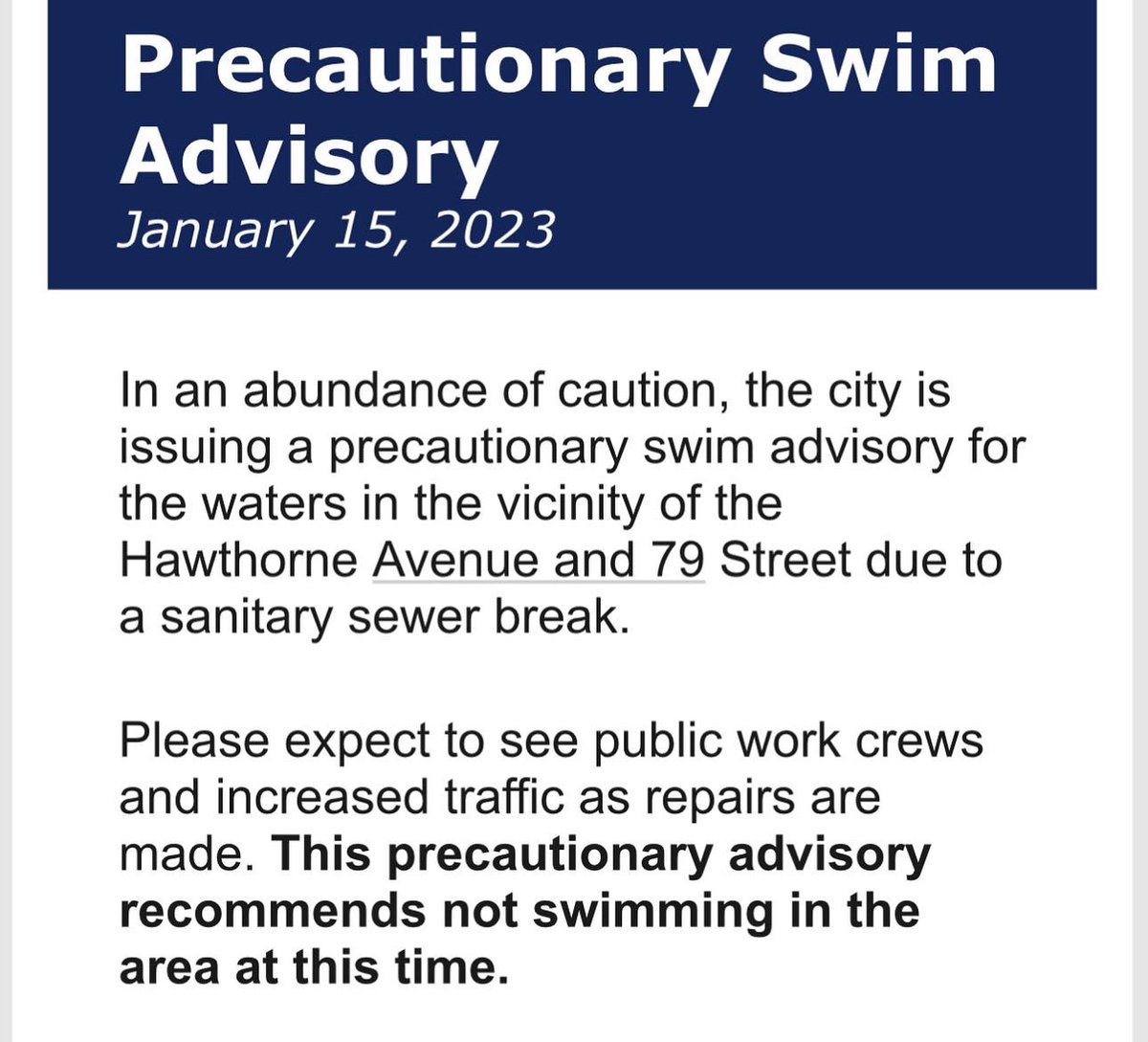 🚨 BACTERIA ALERT 🚨 

In an abundance of caution, the city of #MiamiBeach is issuing a precautionary swim advisory for the waters in the vicinity of the Hawthorne Avenue and 79 Street due to a sanitary sewer break.