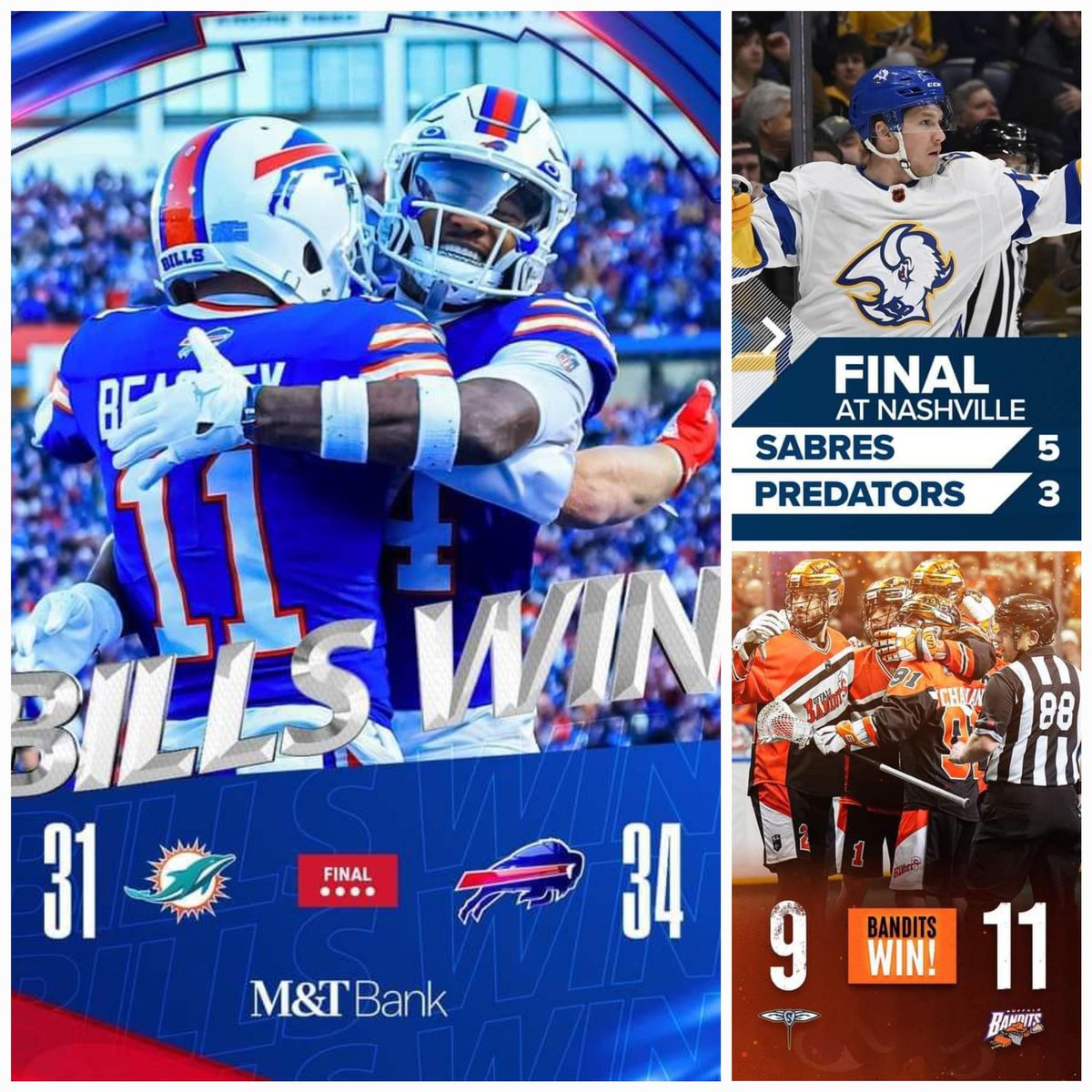 GOOD WEEKEND FOR BUFFALO SPORTS TEAMS!
#GoBills 🏈 #letsgobandits 🥍 #gosabres 🏒 #OneBuffalo 🦬 #powerof3 3️⃣ #BillsMafia #LetsGoBuffalo