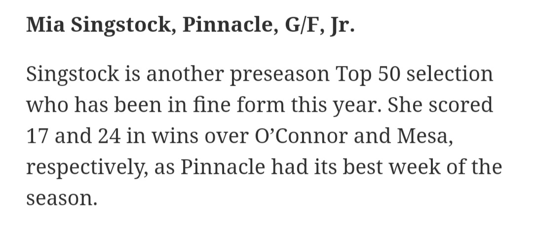Dustin Singstock (@dustins1977) on Twitter photo Congrats <a href="/mia_singstock7/">Mia Singstock</a> for being recognized for Player of the week by <a href="/azcsports/">azcentral sports</a>!
<a href="/PinnacleGirlsBB/">PinnacleGirlsBB</a> <a href="/E_FarnsworthAZ/">Erica Farnsworth</a> Congrats <a href="/mia_singstock7/">Mia Singstock</a> for being recognized for Player of the week by <a href="/azcsports/">azcentral sports</a>!
<a href="/PinnacleGirlsBB/">PinnacleGirlsBB</a> <a href="/E_FarnsworthAZ/">Erica Farnsworth</a>