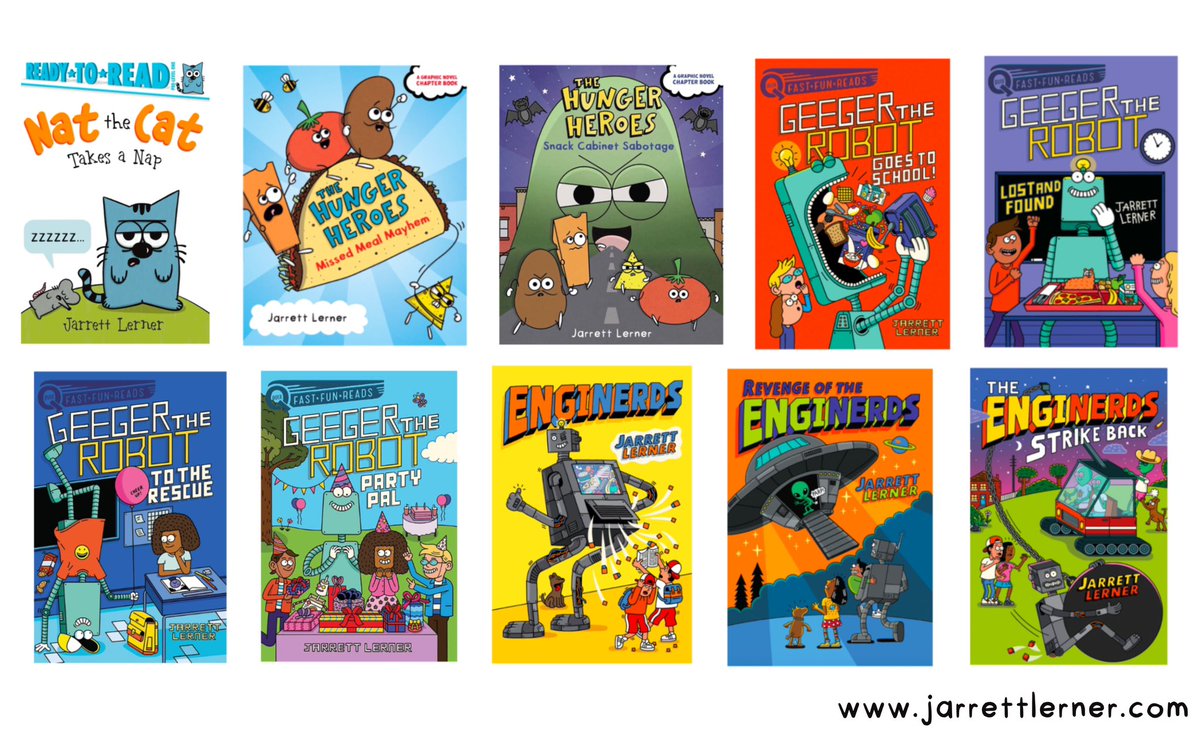 Jarrett_Lerner's tweet photo. In a couple days, when Nat the Cat Takes a Nap comes out, I’ll have books available for readers ages 3 to 13 (plus a pair of activity books for the same ages). Soon, I’ll have books for even older kids! It’s incredibly exciting and rewarding to help grow readers in this way. https://t.co/kIz7pnVAm7