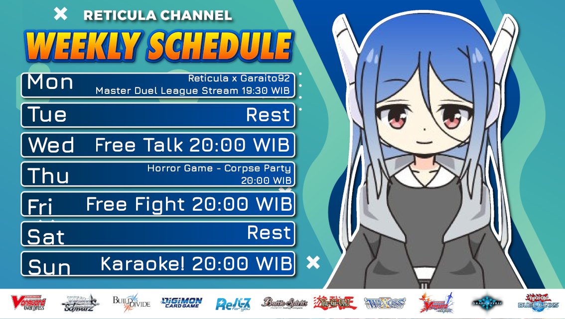 ReticulaV's tweet photo. Weekly schedule!!
Special event tonight!
Master Duel League!! 
Oshi Mark:🌐
Tags:
#reticula: General
#reticulive: Live &amp; Clip
#reticulart: FanArt
#retceh: Memes https://t.co/q4OAw8XdOl