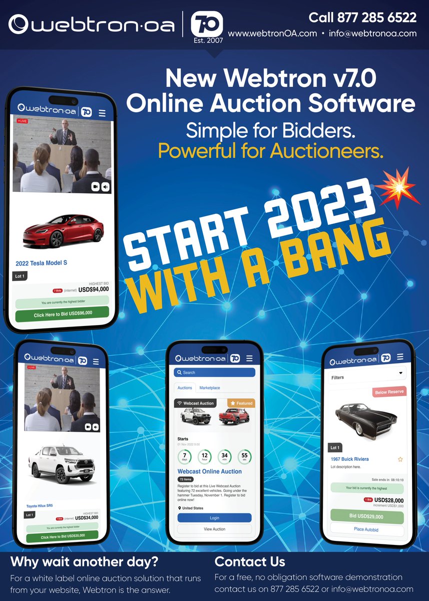 globalauctions1's tweet photo. Start your 2023 auctions with a bang 💥 👉https://t.co/0H8Fm0ERXi #AuctionUpdate #auctionsoftware #auctioneers #webtron #auctions #global #globalauctions #globalauctionsoftware #ukauctions #usauctions 🌏 🇺🇸 🇬🇧 https://t.co/EbtWMWRECK
