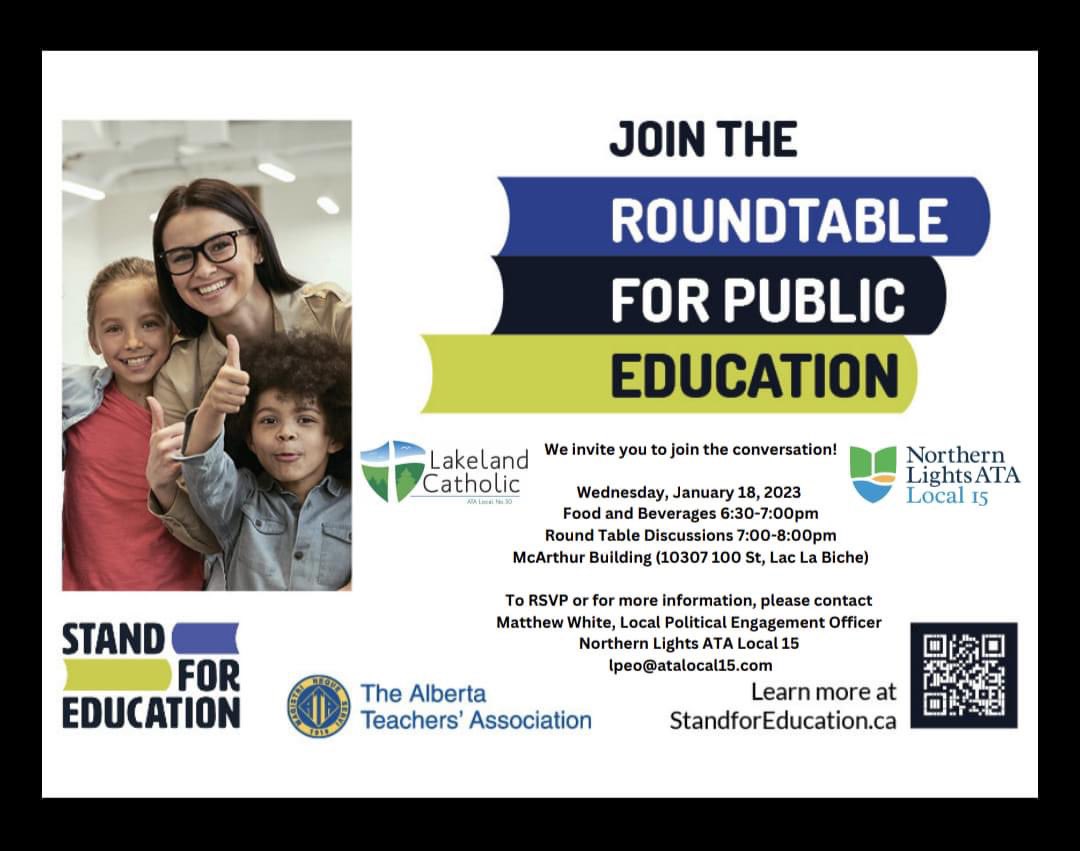 Hey Lakeland Peeps … What are your hopes for the future of public education in Alberta? Let your voice be heard by participating at one of the round table discussions. <a href="/nlpsab/">Northern Lights</a> <a href="/NLATA15/">Northern Lights ATA Local #15</a> <a href="/LCSD_150/">Lakeland Catholic School Division</a> <a href="/ATALocal30/">Lakeland Local 30</a>