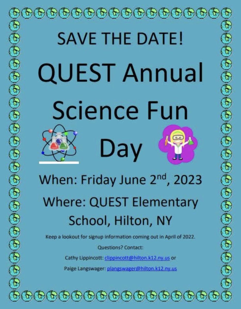 QuestPTSO's tweet photo. SAVE THE DATE!! 🧬 👨‍🔬 🧪 💨 

QUEST’s Annual Science Fun Day!

Looking for volunteers to participate! 👩🏻‍🔬 🧫

If you are interested in presenting and wondering what that entails please contact:

Mrs. Langswager
or
Ms. Lippincott

(emails are located on the flyer). https://t.co/FgTcarbwvU