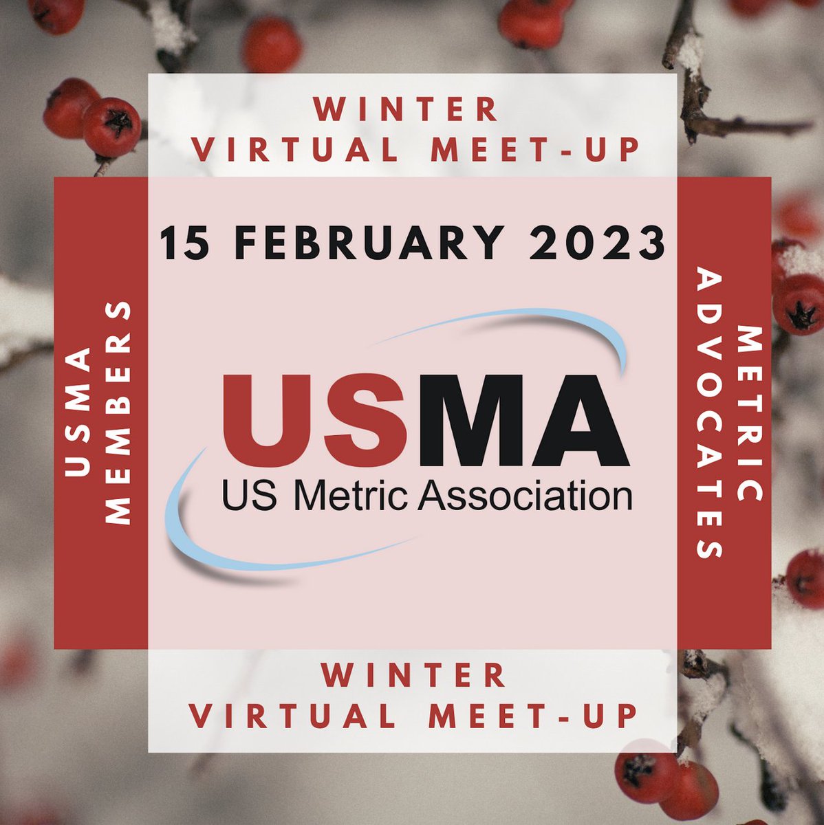 usma_metric's tweet photo. Save the date for the 
USMA Winter Virtual Meetup 
15 February 2023
4:00 PM to 5:30 PM PT
5:00 PM to 6:30 PM MT
6:00 PM to 7:30 PM CT
7:00 PM to 8:30 PM ET https://t.co/aRgO4rMdrE