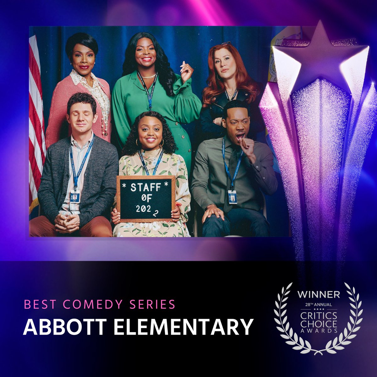 Congratulations to the cast and crew of <a href="/AbbottElemABC/">Abbott Elementary</a>, winner of the #CriticsChoice Award for Best Comedy Series.
#AbbottElementary #CriticsChoiceAwards