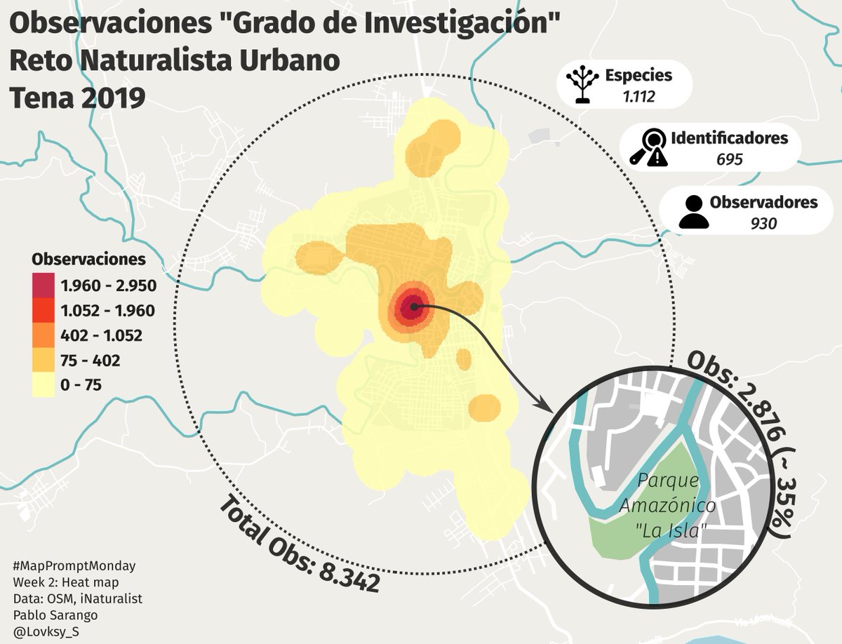 #MapPromptMonday
Week 2: Heat map

In 2019, <a href="/INABIO_EC/">INABIO.EC</a> and <a href="/u_ikiam/">Ikiam</a> organize the "Reto Naturalista Urbano Tena" with the aim of learning about urban Amazonian biodiversity and promoting citizen science.

Keep reading this🧵to know more about this map and the project !!