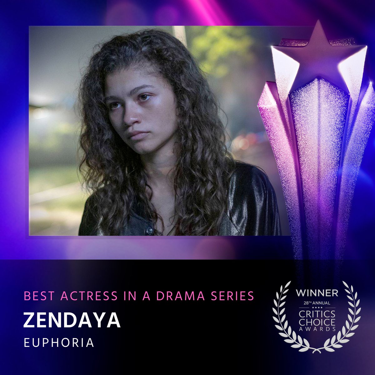 Congratulations to <a href="/Zendaya/">Zendaya</a>, winner of the #CriticsChoice Award for Best Actress in a Drama Series.
#EuphoriaHBO #CriticsChoiceAwards