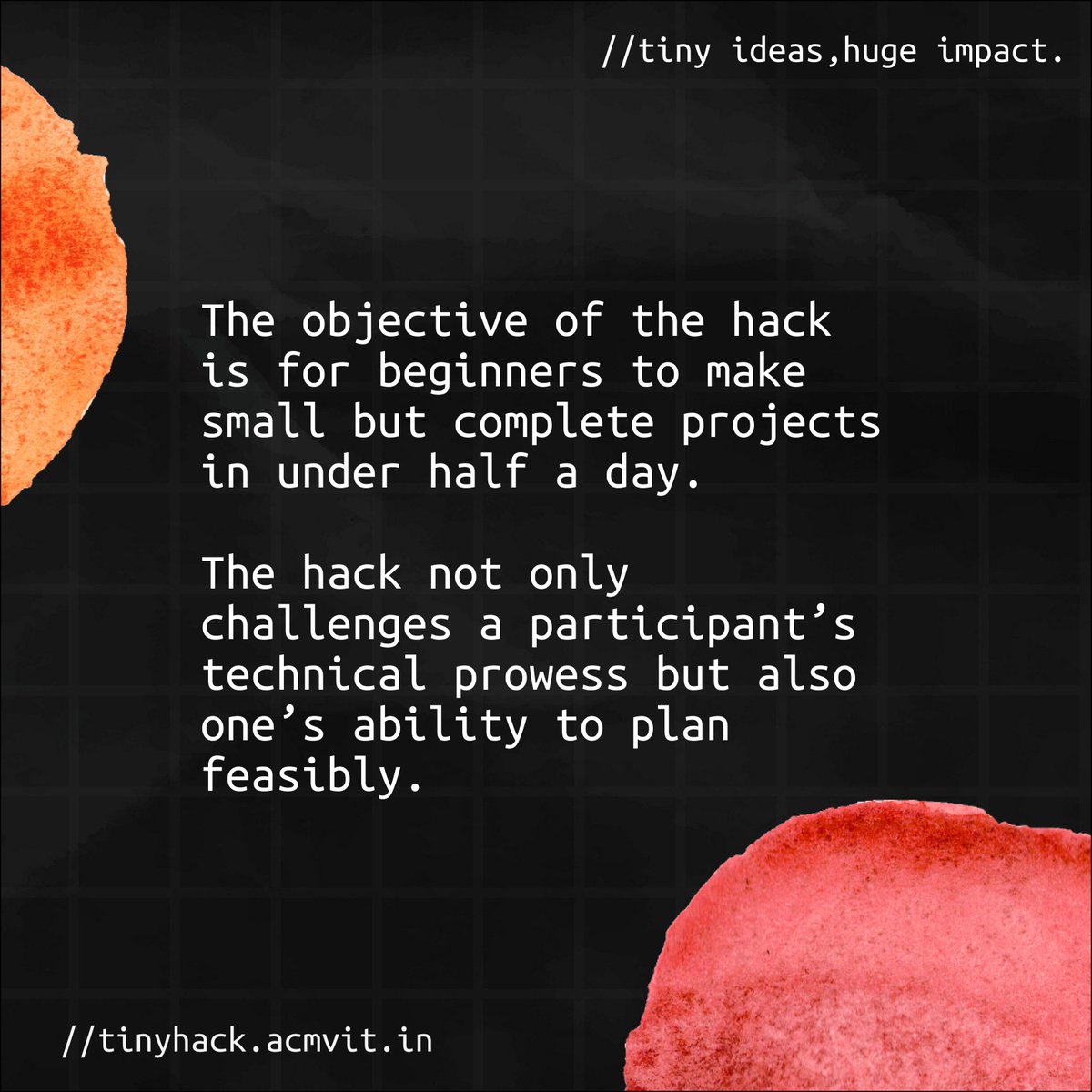 ACM_VIT's tweet image. Presenting a 10-hour - problem-solving sprint - The Tiny hack!
Are you looking for a fun and challenging way to spend this Wednesday? Join our Tiny Hackathon and put your coding skills to the test!
Full-day OD will be given to all VIT Vellore Students
#acmvit #tinyhack #hackathon
