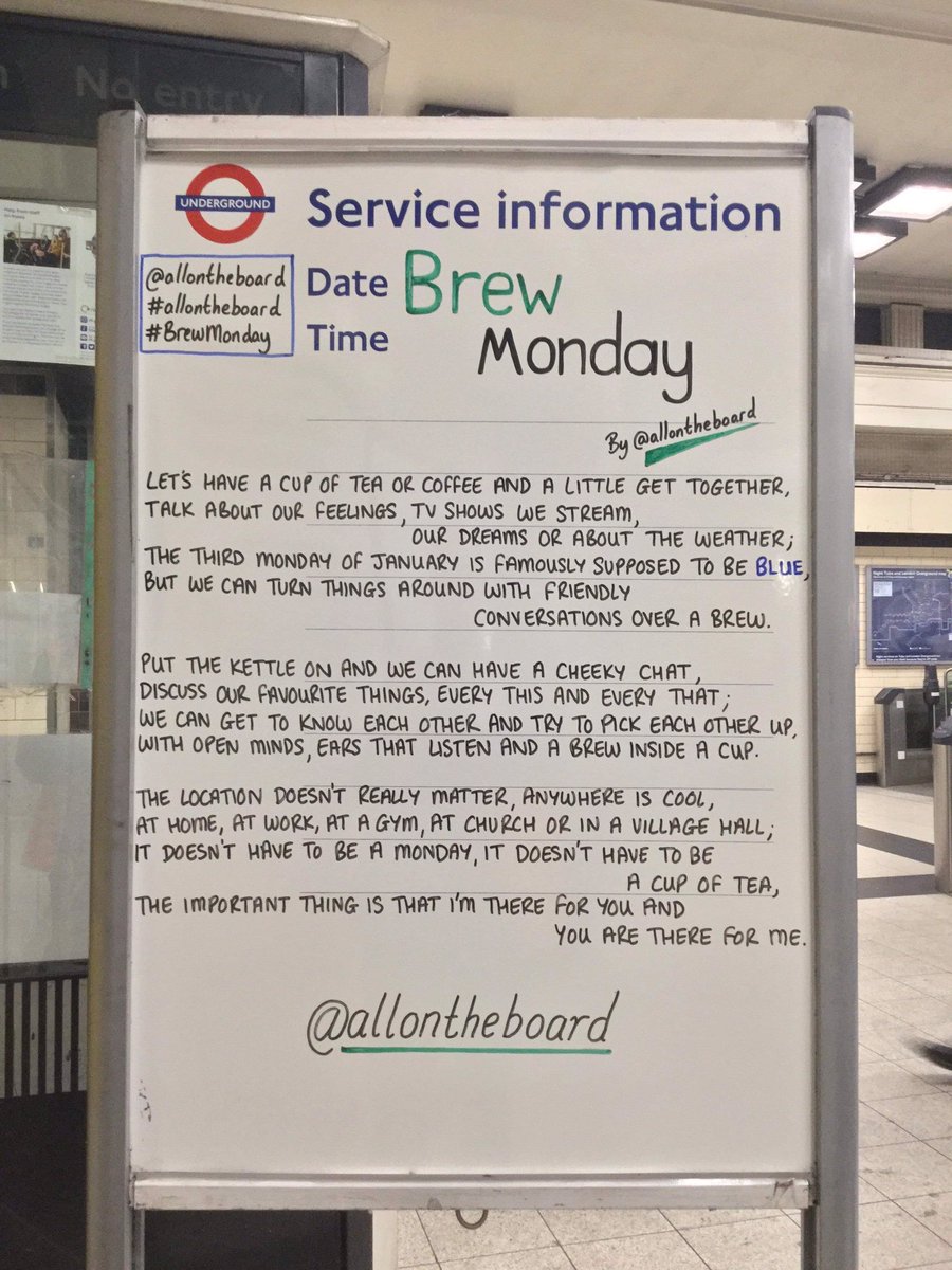 Today is supposed to be Blue Monday, but let’s put the kettle on, have a cup of tea (or coffee) and a chat and turn it into Brew Monday instead. #BrewMonday #BlueMonday @samaritans @allontheboard