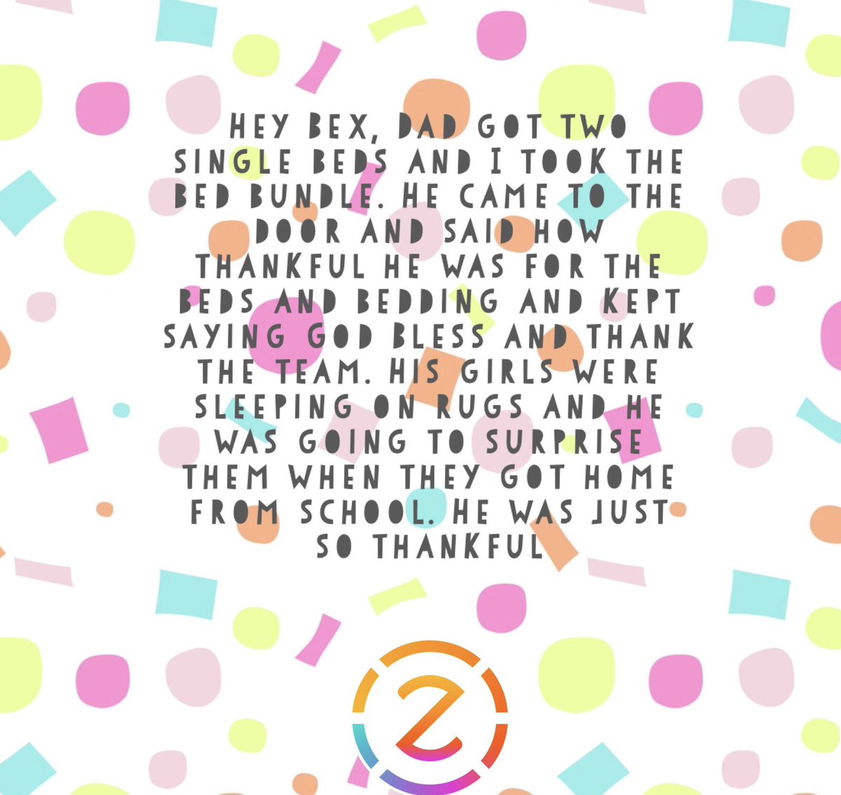 Imagine being 7 yrs old heading out to school after many nights sleeping on a rug on the floor to then come home to all this (photo 1) set up in your bedroom. 2nd image is a text from our Support Lead.

This is what we do. 
#EveryHeadABed
Zarach.org for more info