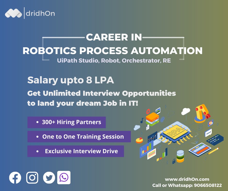 Top 3 reasons why to choose a career in Robotics Process Automation
1. Rapid adoption of RPA across various industries
2. Easy to learn and implement
3. Demand supply gap in skilled manpower

#rpa #rpadeveloper #uipath #rpadevelopers #uipathdeveloper #roboticprocessautomation