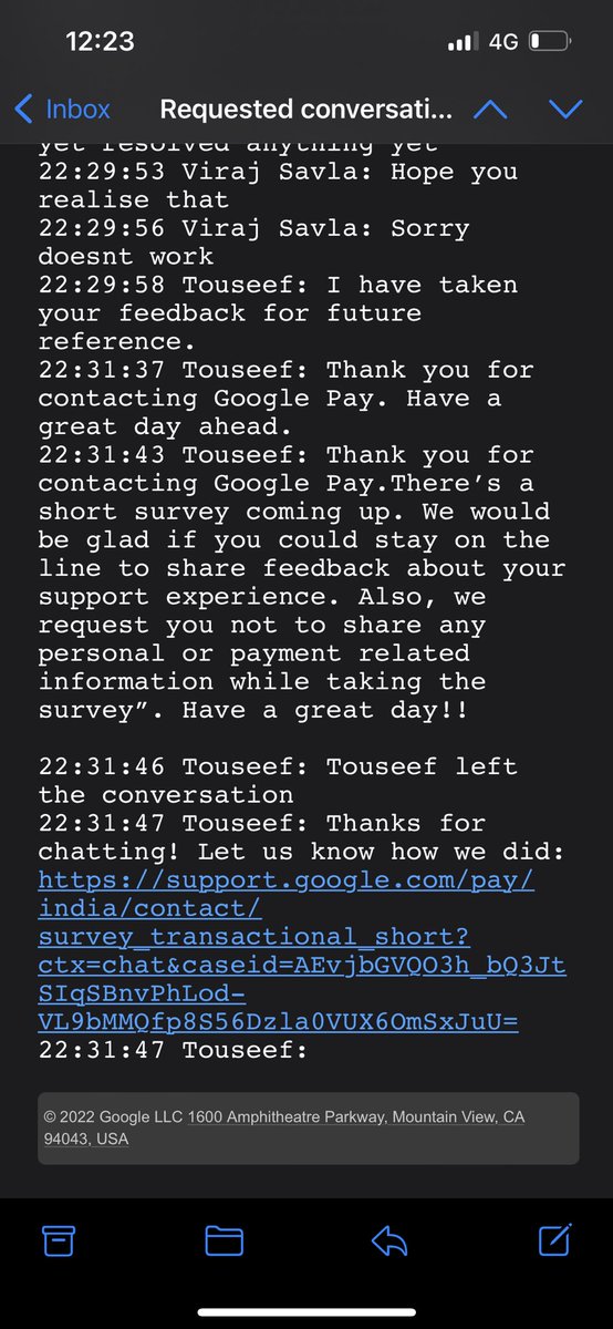 crckstats's tweet photo. Lastly, also please have a supportive and polite customer support team that is willing to help and not run away when its their fault! Enclosing chats for your reference! [3/3] @Google @GoogleIndia @GooglePay @GooglePayIndia @sundarpichai @deepeshhmehta https://t.co/6JLwxDJGJP