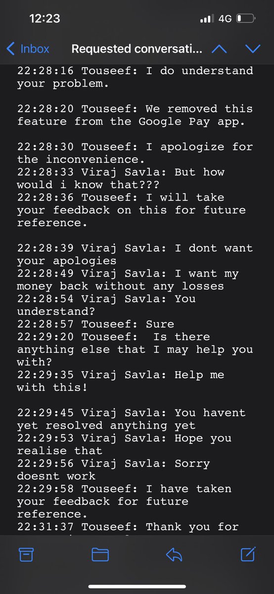 crckstats's tweet photo. Lastly, also please have a supportive and polite customer support team that is willing to help and not run away when its their fault! Enclosing chats for your reference! [3/3] @Google @GoogleIndia @GooglePay @GooglePayIndia @sundarpichai @deepeshhmehta https://t.co/6JLwxDJGJP