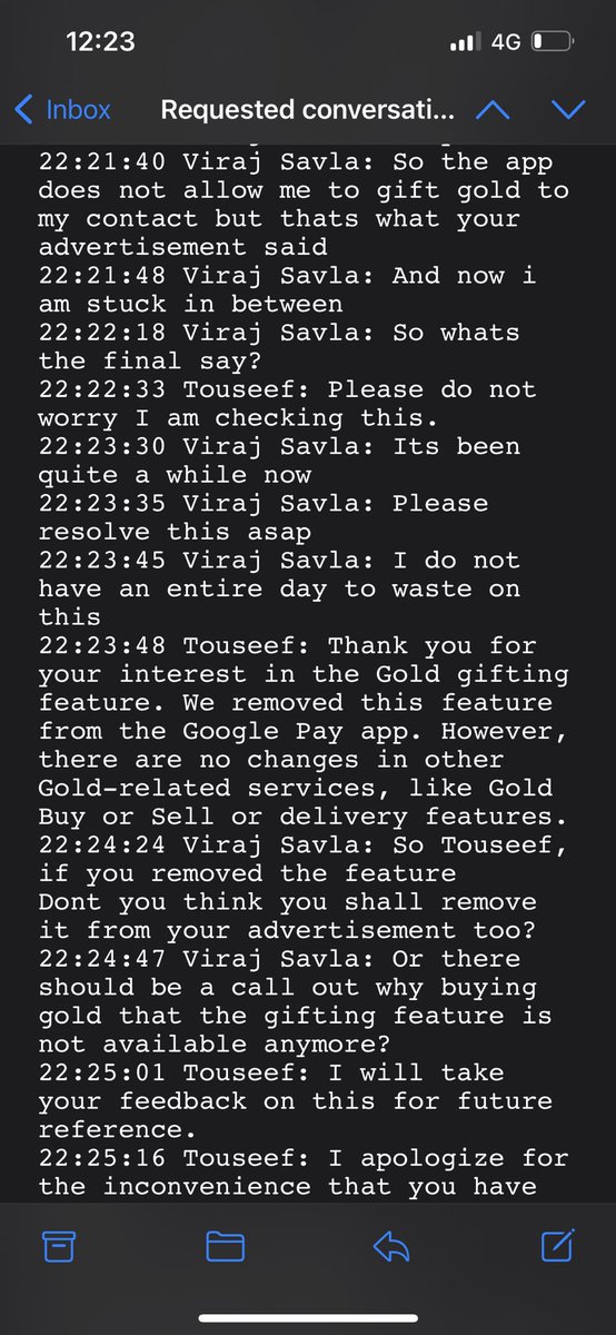 crckstats's tweet photo. Lastly, also please have a supportive and polite customer support team that is willing to help and not run away when its their fault! Enclosing chats for your reference! [3/3] @Google @GoogleIndia @GooglePay @GooglePayIndia @sundarpichai @deepeshhmehta https://t.co/6JLwxDJGJP