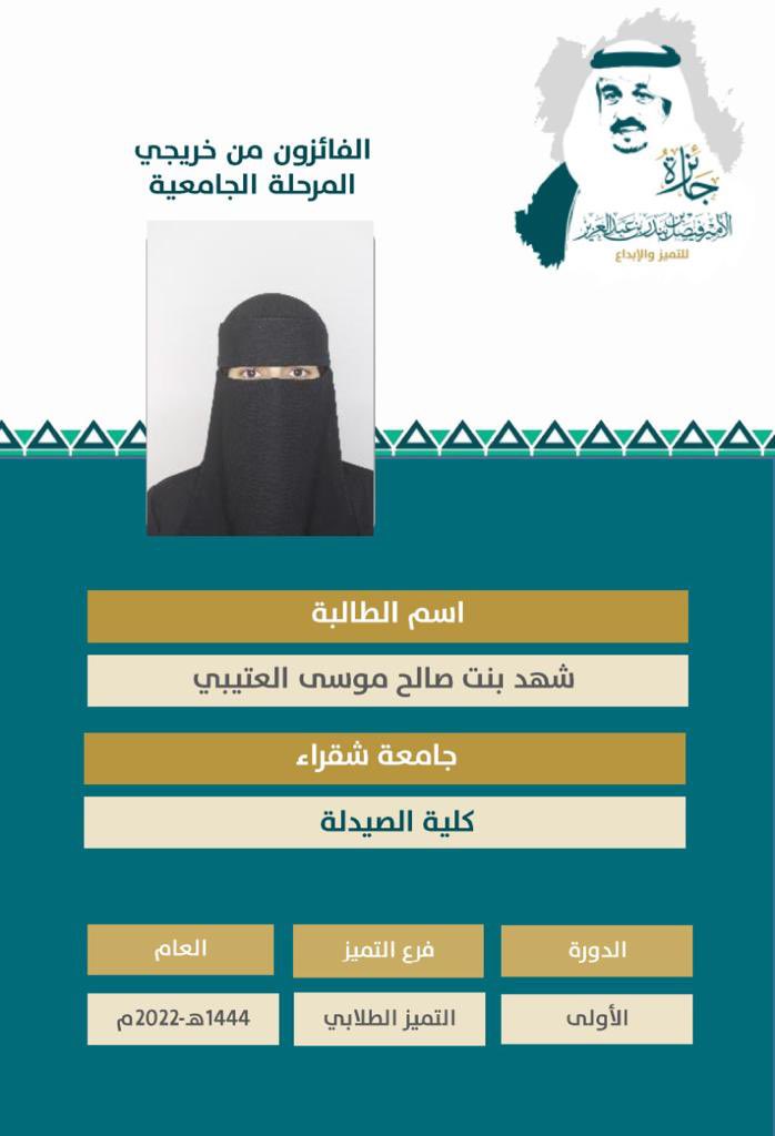 P_FaisalPrize's tweet photo. تهنئة :
الفائزون بجائزة الأمير فيصل بن بندر بن عبدالعزيز للتميز والإبداع في دورتها الأولى ( 1444هـ - 2022م ) / فرع التميز الطلابي 
من خريجي جامعة شقراء. https://t.co/5eMdbR1xyd