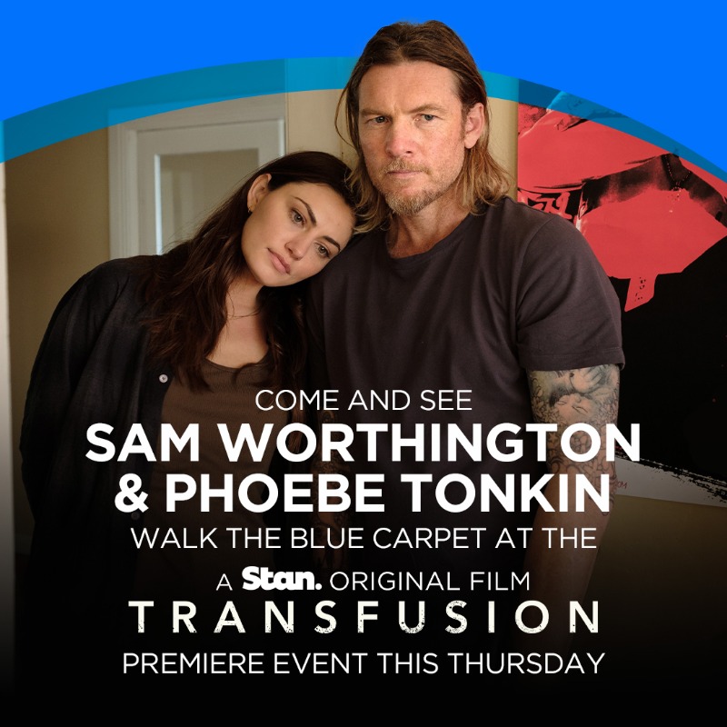 StanAustralia's tweet photo. Attention, Sydneysiders! Come and catch a glimpse of Sam Worthington and Phoebe Tonkin as they walk the blue carpet at the premiere of The Stan Original Film Transfusion. This Thursday at HOYTS Entertainment Quarter, from 5.30pm AEDT. #TransfusionOnStan #StanOriginals https://t.co/zAE2VbQFTq