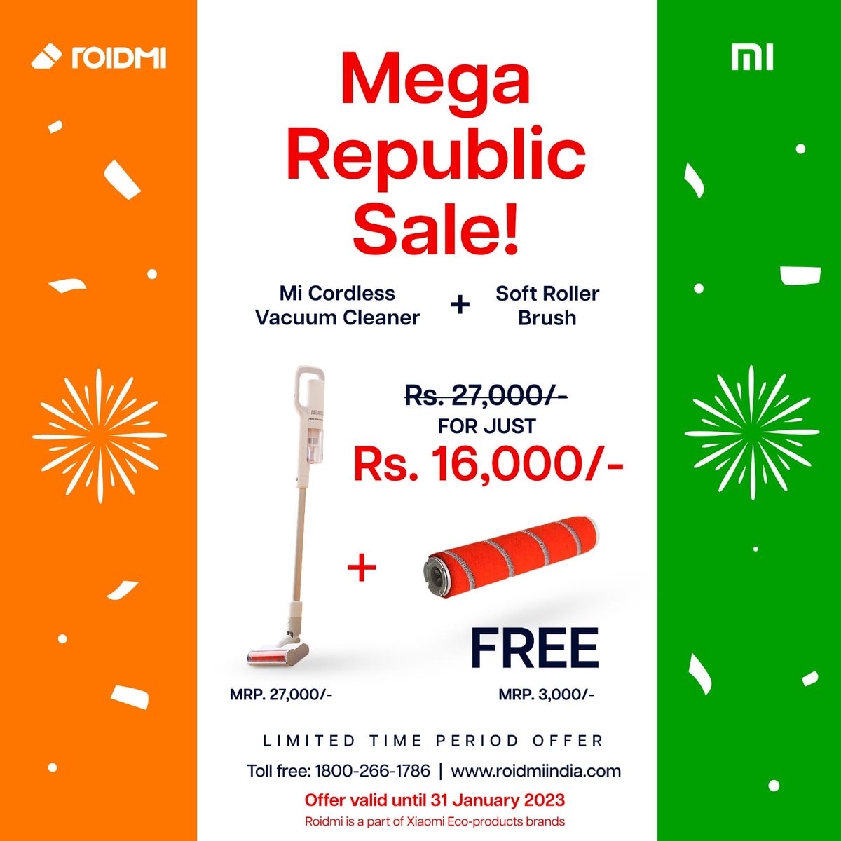 RoidmiInd's tweet photo. Wishing Everyone A Happy Republic Day.

We're Back with our Most Awaited Deal of the Year.
Super Saver #RepublicDay Offer
Get Roidmi Cordless Vacuum Cleaner F8 STORM FX now at a Slashed Price of Rs 16000/- ONLY +
with every purchase  Roller Brush Worth Rs 3000/- ABSOLUTELY FREE https://t.co/raQOCnajhd