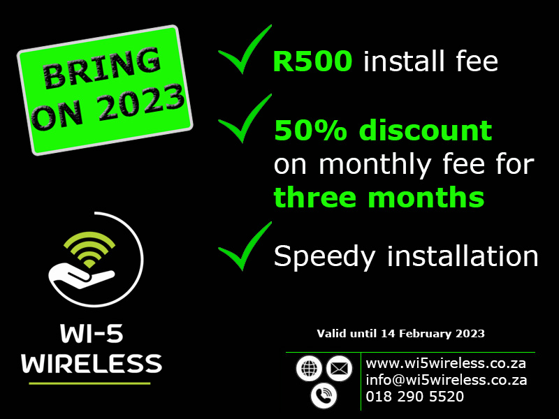 Wi5Wireless's tweet photo. This special is valid until 14 February 2023.
* Subject to T's and C's
✔️Month-to-month contracts
✔️Uncapped
✔️Unshaped
✔️Unthrottled

#Wi5Wireless #GrabIt #Uncapped #Unshaped #Unthrottled #CustomerService #plaaslikpotch
https://t.co/BhyFl9yPx0
018 290 5520
info@wi5wireless.co.za https://t.co/75pPmIPTMR