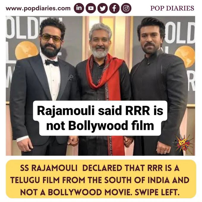 AdvVivekPamale's tweet photo. RRR Is Not A Bollywood Movie, SS Rajamouli Says Following Golden Globes Win in 2023! 

RRR is a Telugu movie from the South of India, where I'm from, not a Bollywood one, he said.
https://t.co/OPuGLxzldJ https://t.co/mLA1wSTTSY