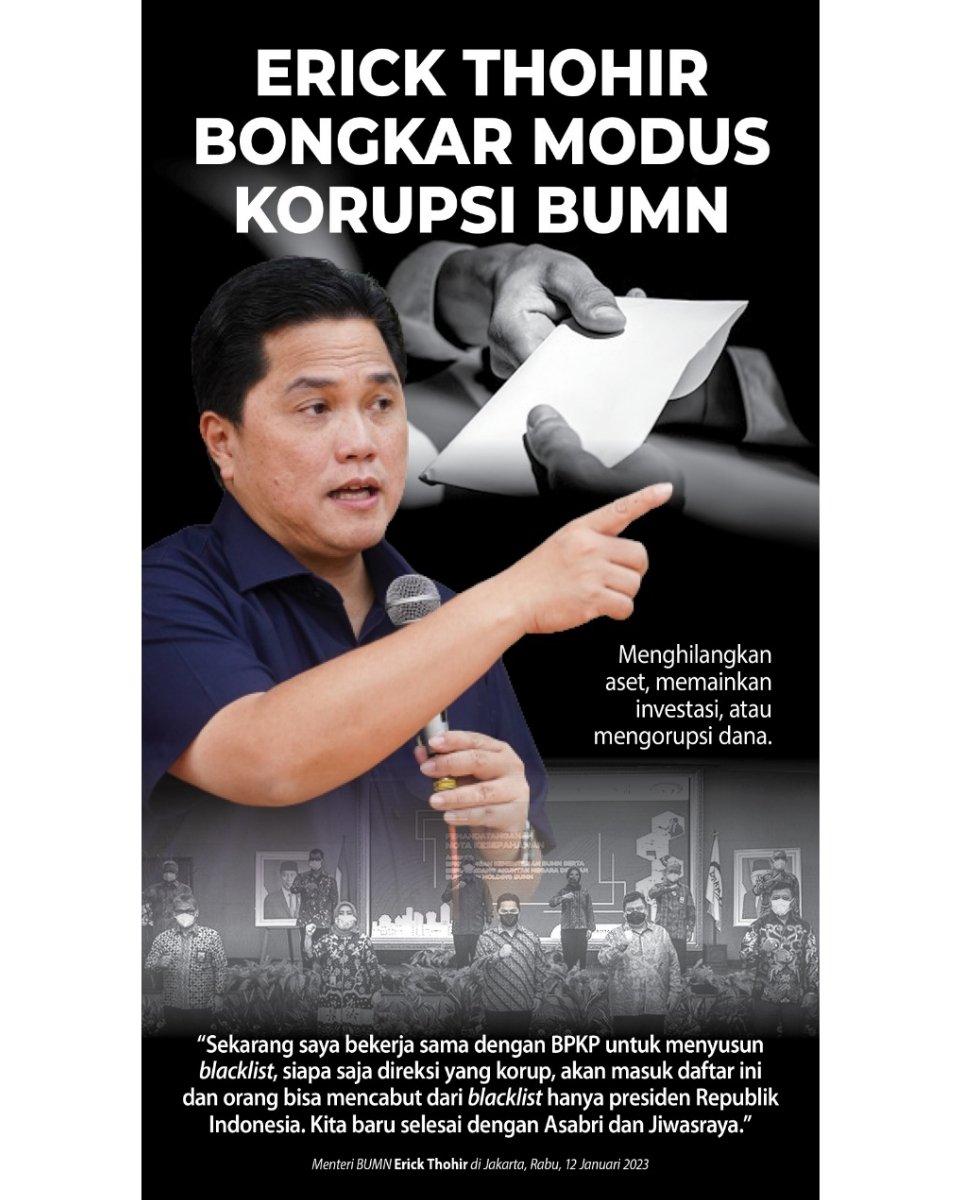 Menghilangkan aset, memainkan investasi dan mengorupsi dana merupakan salah satu modus korupsi yang terjadi di BUMN ✨
.
.
#KitaHadapiKitaAtasi
#erickthohir #etroopersjabar #etroopersaction #ethosukabumi #ethocianjur #sukabumi #cianjur