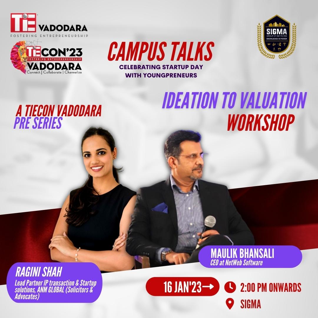 tievadodara's tweet photo. TiECon Vadodara announces it's PreSeries - Campus Talks. Validate your startup idea with our experts - Ms.Ragini Shah and 
@mbhansali (Ideation to Valuation) | 16th Jan | 02:00 PM onwards at @sigmainstitutes 
Grab this amazing opportunity and Open for all.
#TieVadodara #PreSeries https://t.co/wKceHHerof