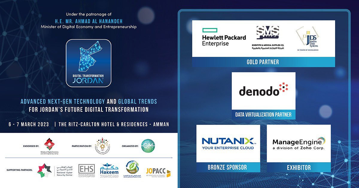 gmgroupdxb's tweet photo. Exciting news! Sponsors for the third #DigitalTransformationJordan Conference have been confirmed to be #HPE, #SMS, #JDS, #Denodo, #Nutanix, and #Managengine. Join us as a sponsor and help Jordan build its digital future. Website here: https://t.co/uXtu7gYvRM https://t.co/7LQ8qGYIYE