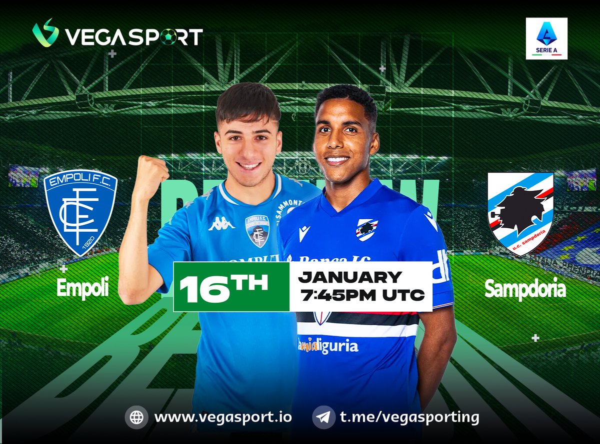 #Empoli vs #Sampdoria

Coach Paolo Zanetti's army is playing well in recent times. Meanwhile, Sampdoria is not in good shape 
Bet on your favorite team at vegasport.io
#VegaSport #web3 #Sport #betting