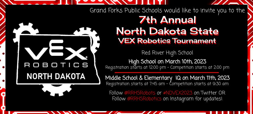 RRHSRobots's tweet photo. It's COMING!!! State VEX Robotics coming for a 2 day event! Come join us March 10-11 at Red River High School! @GFSchools #EnjoytheRide @RRHSactivities @GFisCooler https://t.co/t0dOMEL0sN
