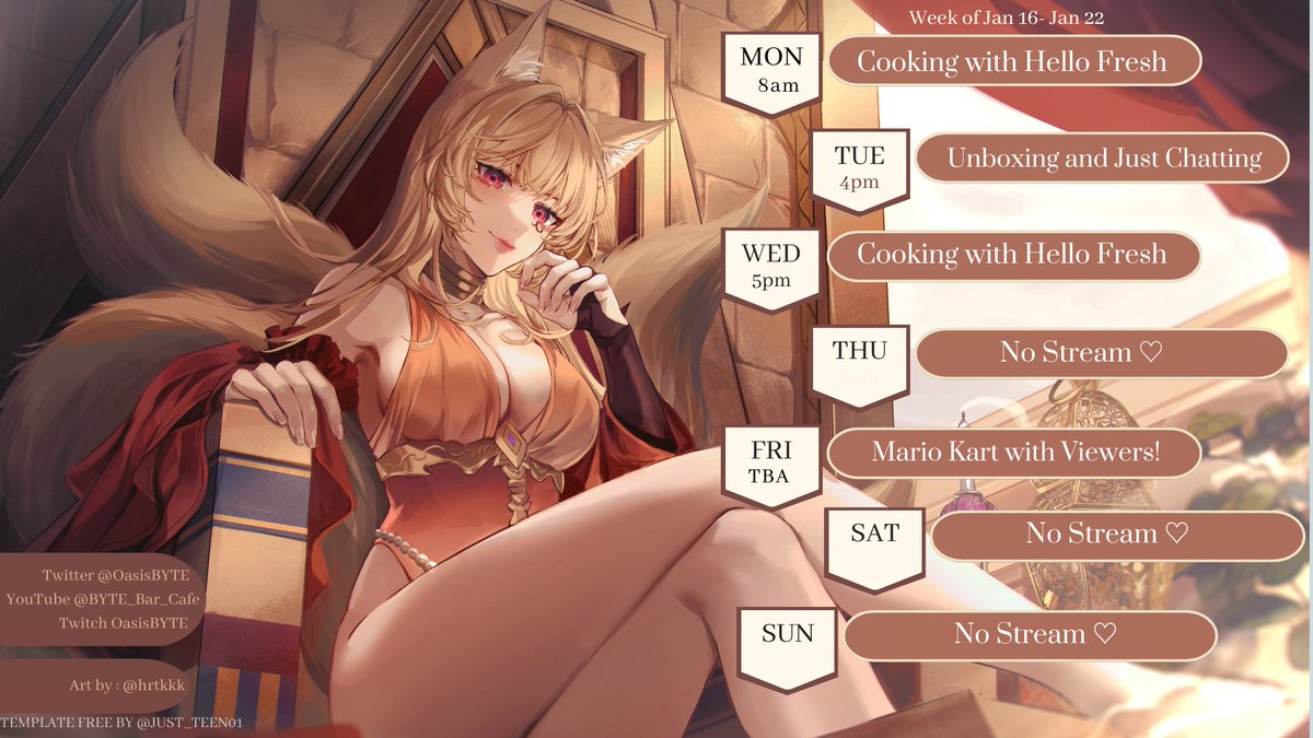 Oasis_VT's tweet photo. Here's the schedule for this week! I have a somewhat easier/less hectic schedule, I've been missing y'all so I hope to see you in this week's streams ♡
Keep in mind all stream times are set in EST!
#VTuberUprising #twitchstreamer #SponsoredbyHelloFresh #VtuberSupport https://t.co/FHjoGOkHBf