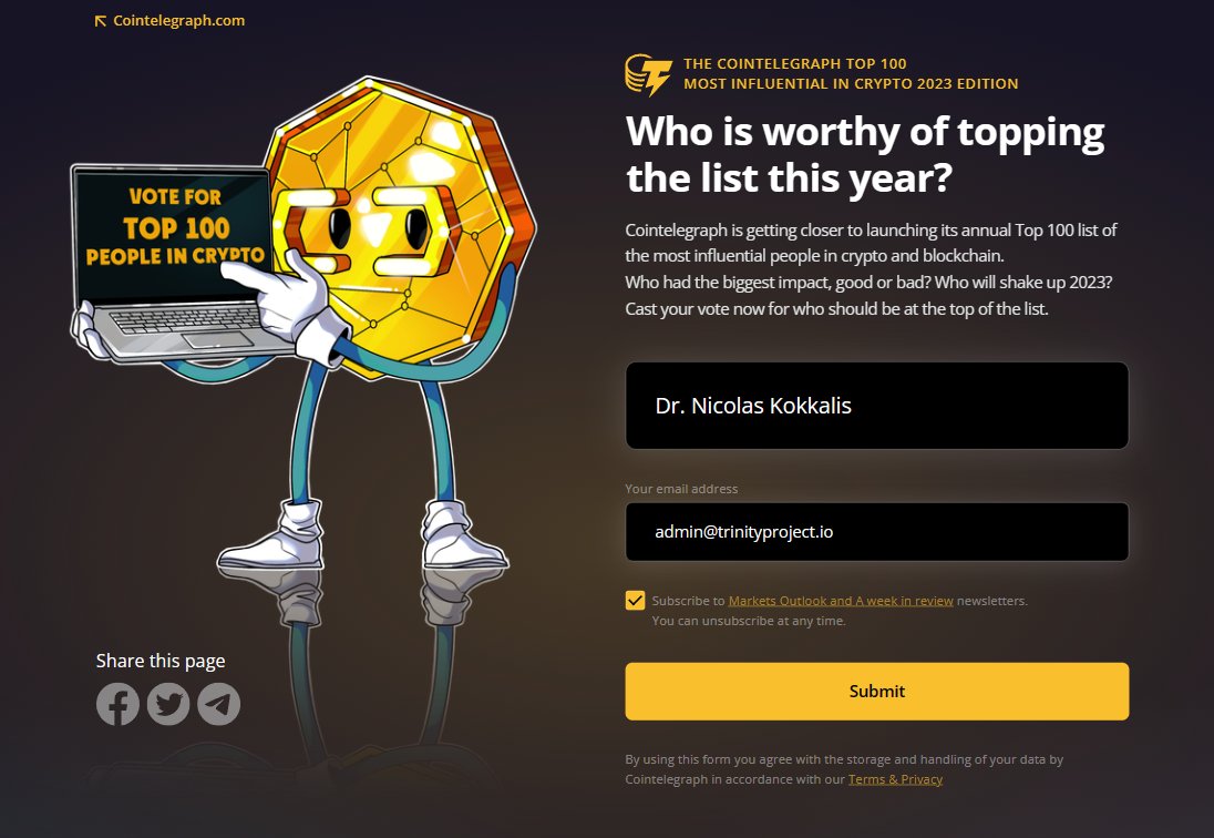 KmTakiya28's tweet photo. https://t.co/HsSdNUj3qY
The link above is the link to the 2023 Top 100 Crypto Influencers voting website.
Please enter the full name of Dr. Nicolas Kokkalis in the
first space then leave your email address. Thank you!
#TPG #PiNetwork #tpgecosystem #tpgtoken https://t.co/iPfJae51yG