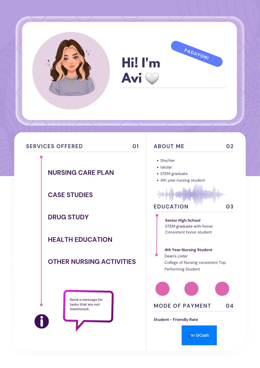 studentnursecom's tweet photo. Lf nursing student clients!

Services:
- NCP/nursing care plan
- Case Studies including self-made cases
- Case Studies with ppt
- Drug Study
- Health Education
- Other nursing activities https://t.co/TSGECmTj2c