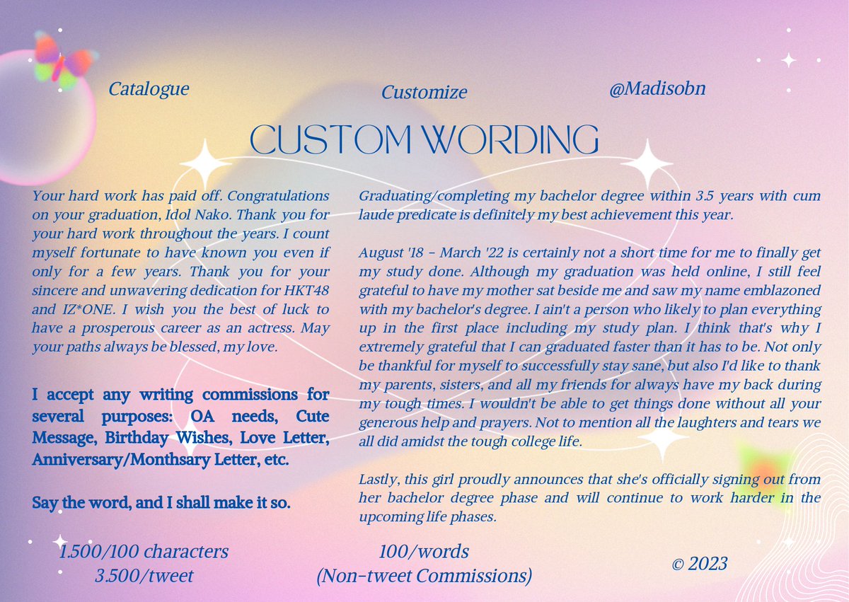 cheaery's tweet photo. Pleasant day, beautiful souls! 🕊️

In honor of the shop's grand opening, @Madisobn offers a spectacular sale, allow you to acquire satisfactory wording of caption n' customized at a fraction of the normal price. Kindly check the TnC before placing order. See ya! 🌷🏹 

#zonauang https://t.co/1qY3ql3wyj