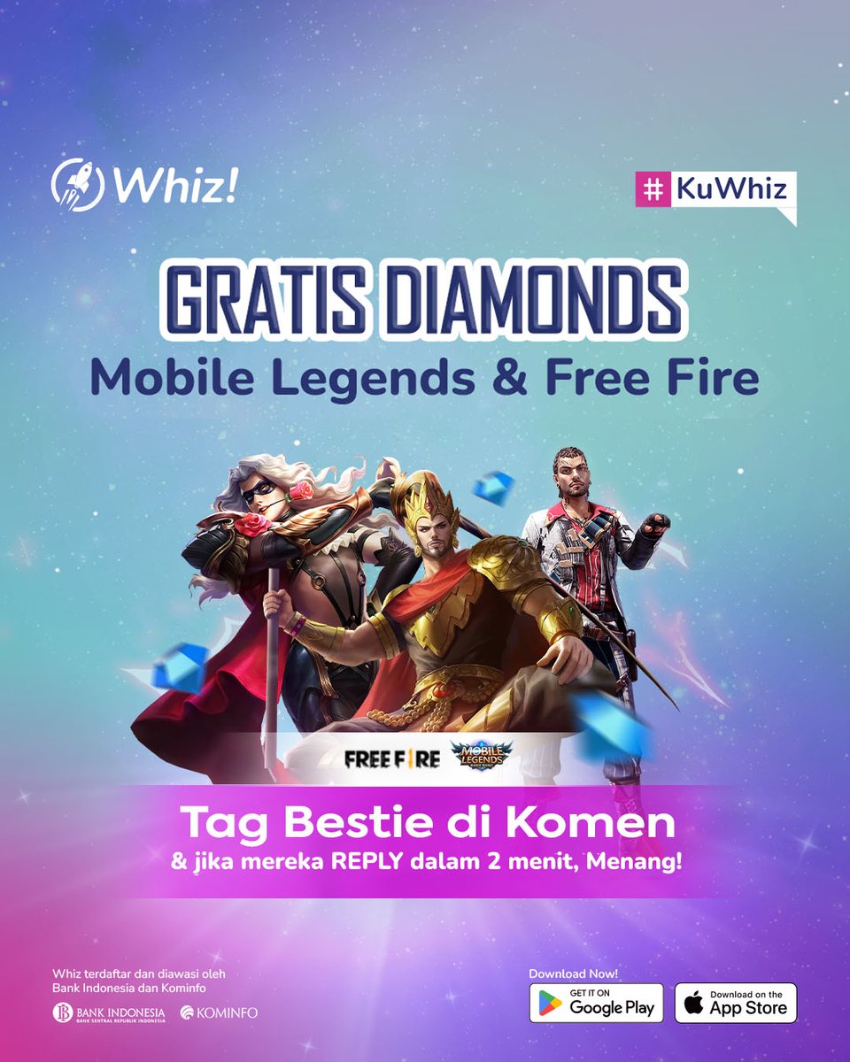 whiz_idn's tweet photo. 🎮 GIVEAWAY DIAMONDS ML &amp; FF! 🎮 

Whiz bagi-bagi hadiah GRATIS diamonds Mobile Legends &amp; Free Fire di #KuWhiz! 🥳

Syarat:
✅ FOLLOW, RT, LIKE
✅ TAG temen mabar kamu &amp; pastikan mereka reply dalam 2 MENIT untuk menang!
✅ CEK S&amp;K selengkapnya di ➡️ https://t.co/xUPGWHpsyo ⬅️ https://t.co/t2aT3AEjUY