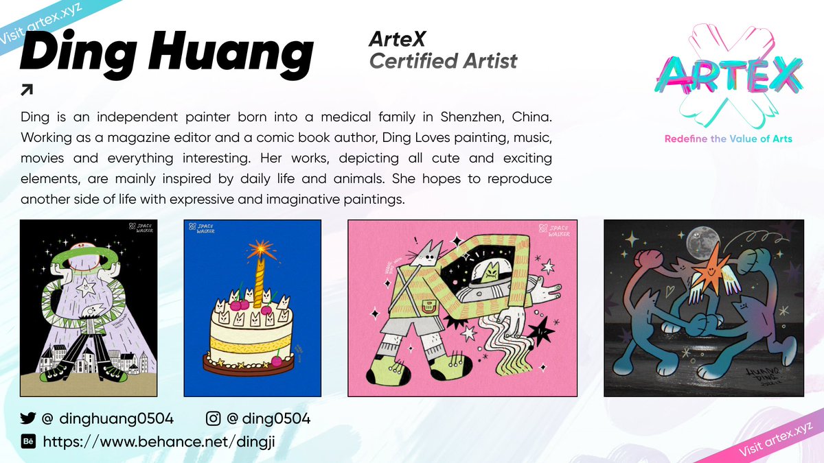 Next Idol (@nextidol_me) on Twitter photo #ArteXCertifiedArtist
<a href="/dinghuang0504/">丁几huangding</a>
Ding is a magazine editor and a comic book author who loves painting, music, movies and everything interesting. Her works are always inspired by daily life and animals, and wish to reproduce another side of life with imagination. #ArteXCertifiedArtist
<a href="/dinghuang0504/">丁几huangding</a>
Ding is a magazine editor and a comic book author who loves painting, music, movies and everything interesting. Her works are always inspired by daily life and animals, and wish to reproduce another side of life with imagination.