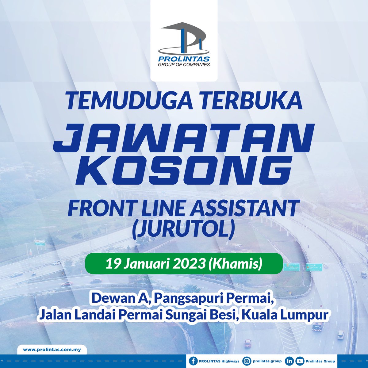 mySUKEofficial's tweet photo. Temuduga Terbuka Secara Jumpa Terus! 

PROLINTAS membuka peluang kepada sesiapa yang berkelayakan bekerja sebagai jurutol. Temuduga secara terbuka akan diadakan pada 19 Januari 2023 (Khamis) pada masa dan tempat seperti yang tertera. 

Jom datang temuduga, permohonan dibuka! https://t.co/AE0ldXMqc4