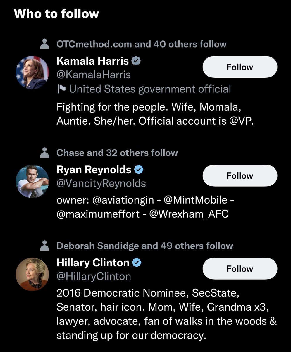 Noah_Fencebutt's tweet image. Dear @elonmusk and @TwitterSupport why is it I am seeing Hillary and Kamala in my #WhoToFollow list?  This is expensive real estate and I will NEVER follow either of those accounts. I would rather see ads than this.
