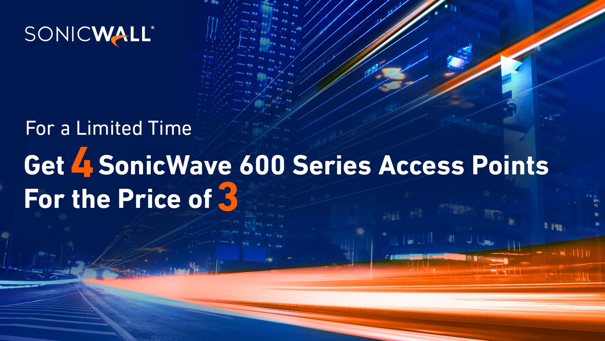 SonicWall's tweet photo. This limited-time SonicWall #promotion is an easy, cost-effective way to design your high-performance #wireless #network. Discover how to get four SonicWall SonicWave 600 series wireless access points for the price of three. https://t.co/p7ZWc9LPa7 #wifi6 https://t.co/9UNb8qbQ0i