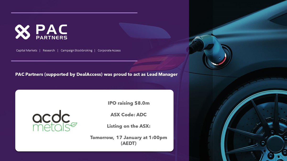 PAC Partners (@pac_partners) on Twitter photo ACDC Metals $ADC, #ASX-listing tomorrow, 17 January at 1:00pm AEDT.
<a href="/PAC_Partners/">PAC Partners</a> acted as Lead Manager to <a href="/AcdcMetals/">ACDC Metals</a>’s #IPO raising $8m. Net proceeds will be applied to drilling & studies at its Projects as well as Medallion #Monazite Processing Testing
#rareearths #mineralsand ACDC Metals $ADC, #ASX-listing tomorrow, 17 January at 1:00pm AEDT.
<a href="/PAC_Partners/">PAC Partners</a> acted as Lead Manager to <a href="/AcdcMetals/">ACDC Metals</a>’s #IPO raising $8m. Net proceeds will be applied to drilling & studies at its Projects as well as Medallion #Monazite Processing Testing
#rareearths #mineralsand