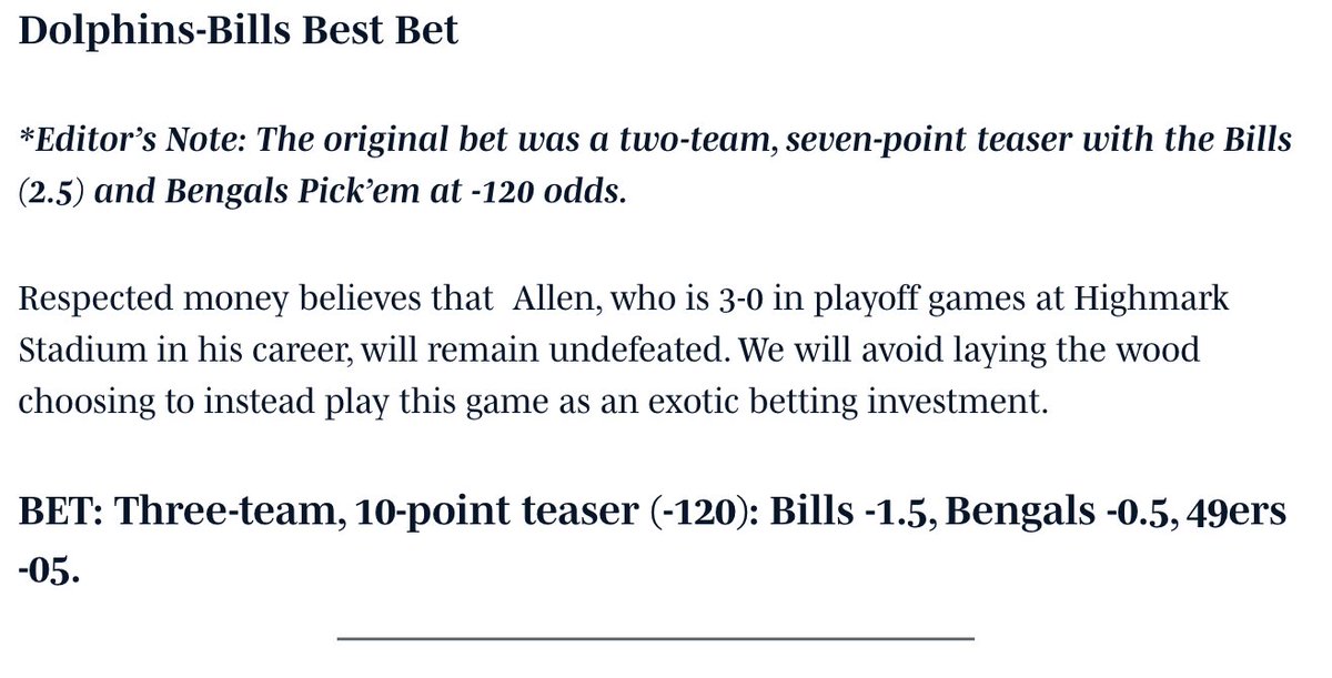 RespectedMoney's tweet photo. Have a #wildcardweekend @SI_Betting FAM!😤
#RespectedMoney💰 wins EVERY TEASER!
💵SF -2.5/ BUF -2/CIN 'PK💰
💵CIN 'PK/ UNDER 49💰
💵BUF -2.5/ CIN 'PK💰
💵SF -0.5 /BUF -1/.5/CIN -0.5💰
💥💥💥💥MIDDLE PLAY
💵Ravens +8💰
🏈PROPS go 3-2 +2.10 U
📈+7.4 UNITS🔥🔥🔥at #SIBetting https://t.co/M4lQMLtLnE