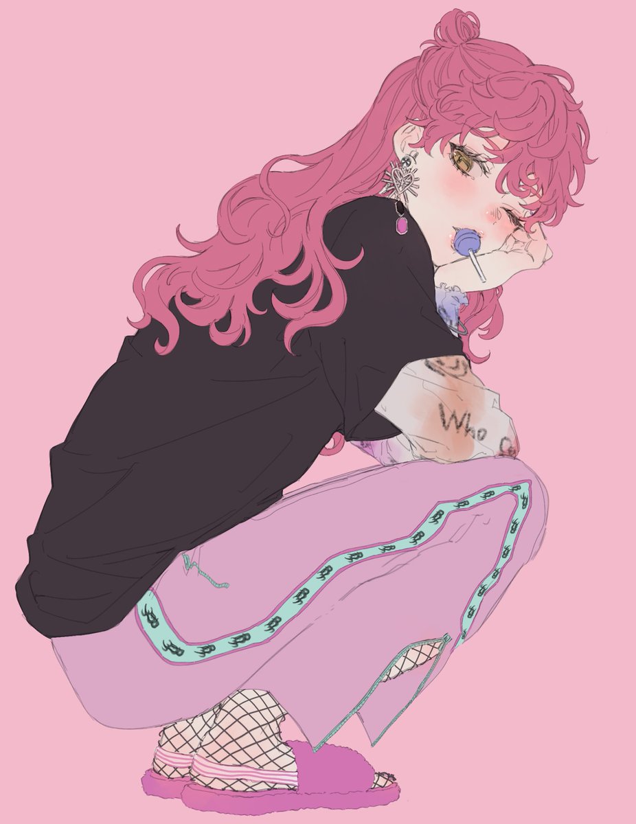 1girl solo squatting candy food jewelry pink hair  illustration images
