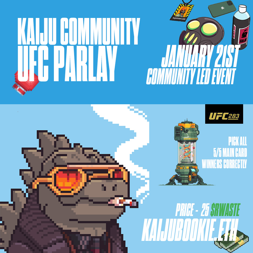 🧵With #UFC283 on this weekend, the bookie has set up the Parlay form for the main card! You'll need to send 25 $RWASTE to KAIJUBOOKIE.ETH to be eligible. Calling all @kaijukingz &amp; this time the <a href="/Overlord_xyz/">Overlord</a> lizardz!

To participate click the link below👇
forms.gle/mEF2oCgwbFJX4n…