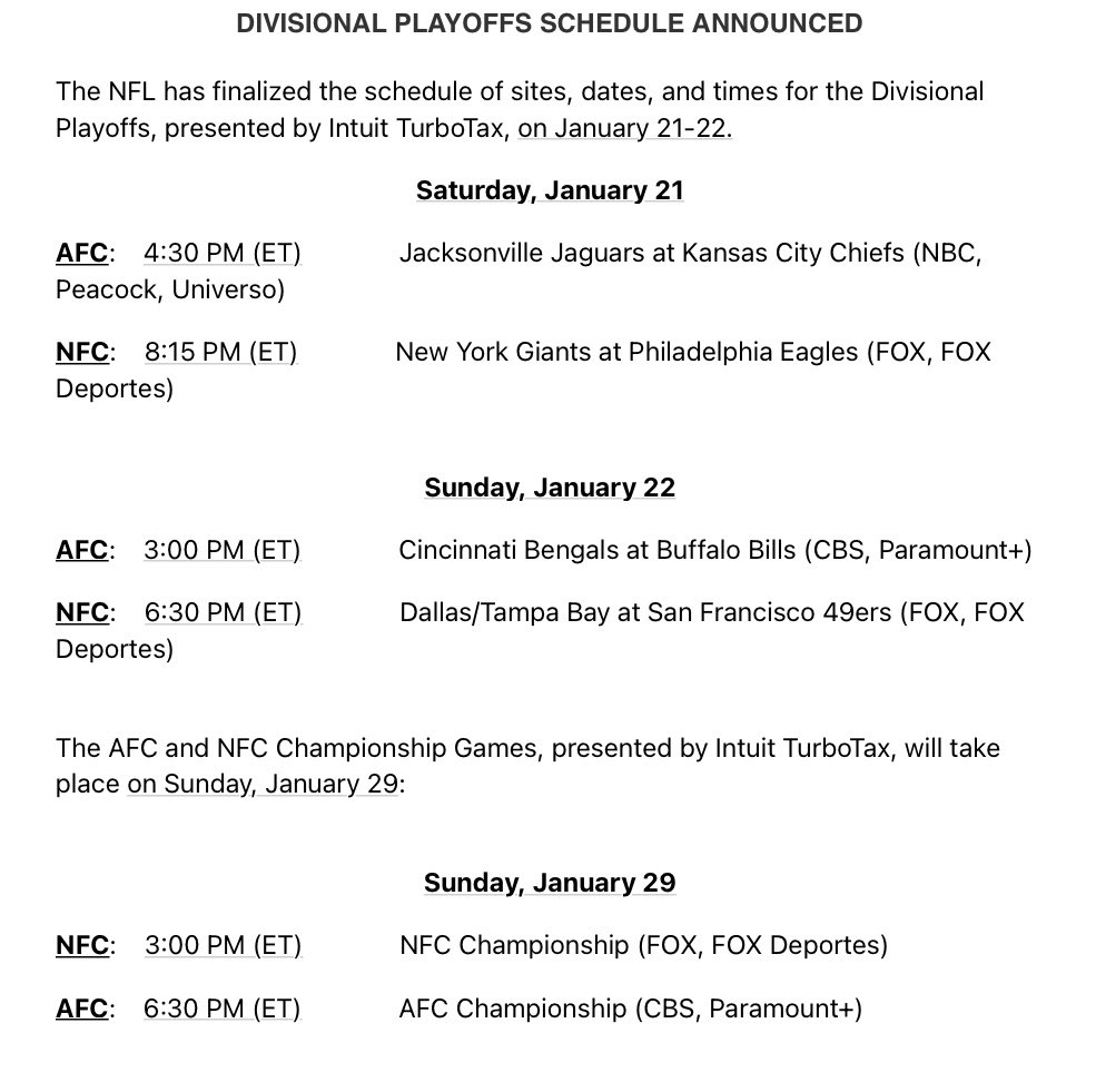 Tom Pelissero on X: 'The NFL divisional playoff and conference championship  schedule is now official:  / X