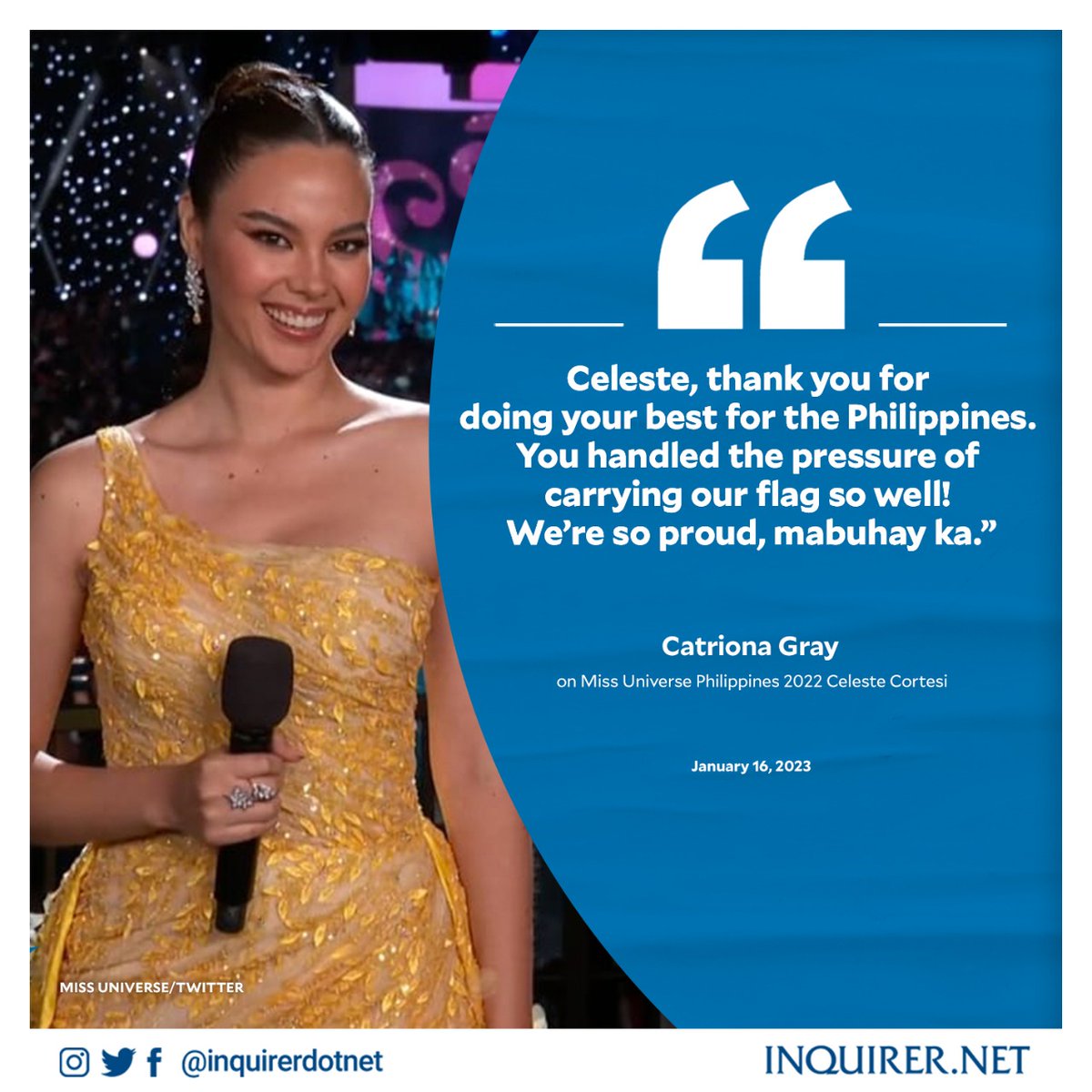 inquirerdotnet's tweet photo. ‘MABUHAY KA, CELESTE’

LOOK: Catriona Gray expresses her admiration applauds Celeste Cortesi for representing the country in the recently held 71st Miss Universe pageant. https://t.co/9dU10SWAYs