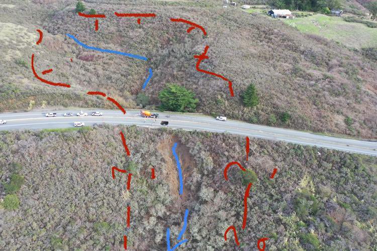 LadinskyGeology's tweet photo. One of the reasons I love geology - it makes sense😁. The ‘sinkhole’ is aptly placed as small tributary crosses under hwy 92. Questions: 1) did caltrans place fill into the channel, 2) is there an old landslide facilitating the tributary? 3) both 1 & 2? #noquickfix https://t.co/omxnSPKn2P