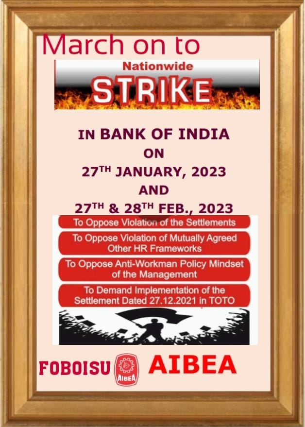 FOBOISU's tweet photo. A CLARION CALL FROM FEDERATION OF BANK OF INDIA STAFF UNIONS. UNITE AND FIGHT ANTI- WORKMAN POLICY MINDSET OF THE MANAGEMENT OF BANK OF INDIA, EGEREGIOUS VIOLATION OF SUBSISTING SETTLEMENTS AND BREACH OF INDUSTRIAL DISPUTES ACT,1947 BY THE MANAGEMENT. https://t.co/Ty47iz3yTC
