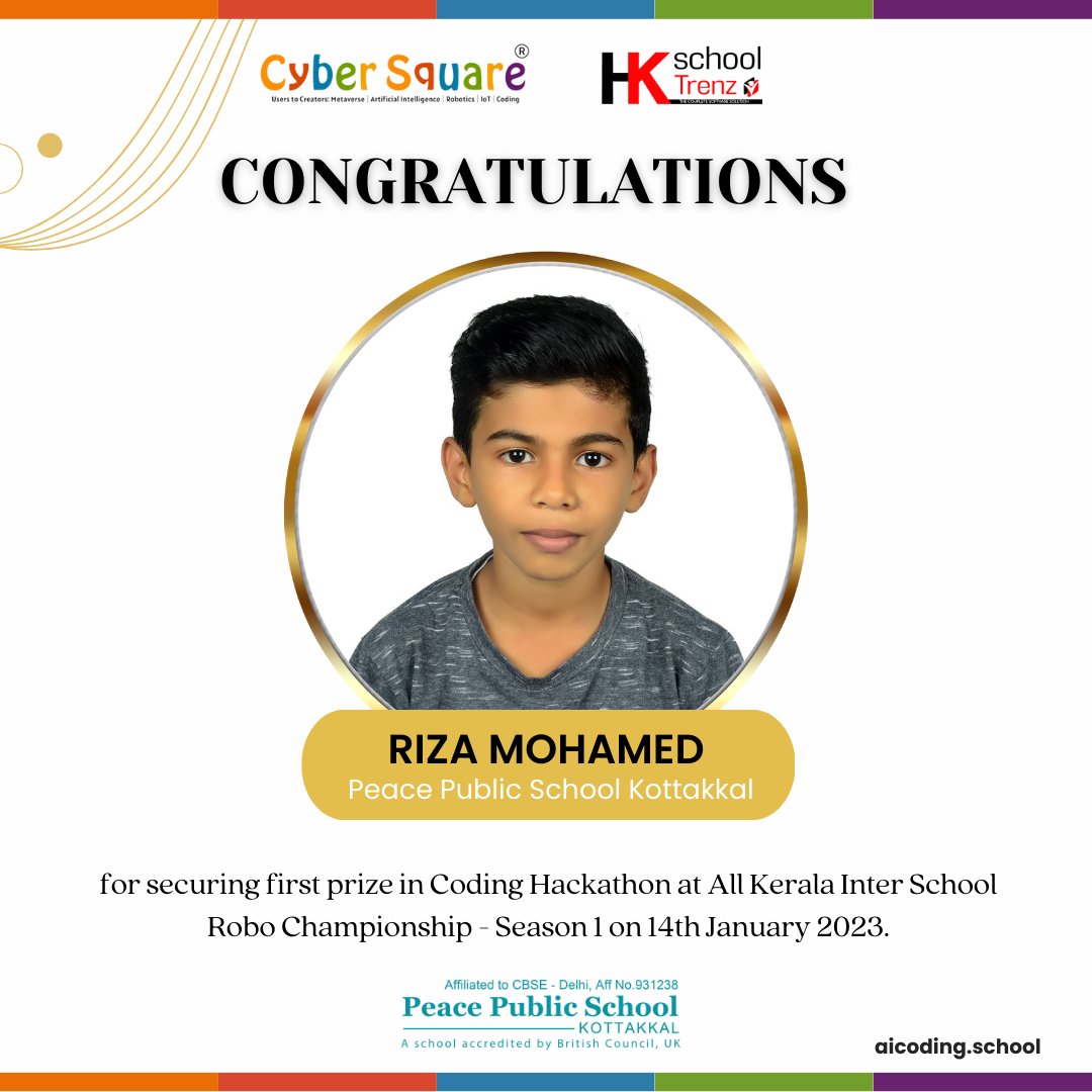 JoinCyberSquare's tweet image. Congratulations on winning the Coding Hackathon at All Kerala Inter School Robo Championship - Season 1 on 14th January 2023. 

Visit aicoding.school.

#Peace_Public_School_Kottakkal #technology #codinghackathon #cybersquare #coding #ai #peacepublicschool